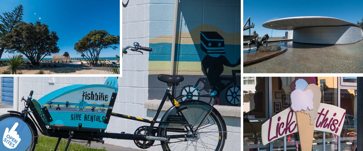 Discover Napier along the Marine Parade, new recreation area, funny bike displaying bike rentals, national aquarium building, ice cream shop