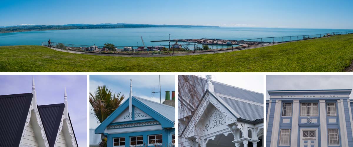 Napier Bluff Hill lookout into the port with extansive ocean view, heritage colonial style villas in Napier with nice workmanship timber work